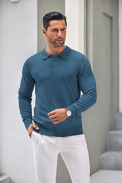 Mens Blue Long Sleeve Polo Jumper