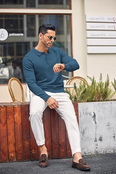 Mens Blue Long Sleeve Polo Jumper