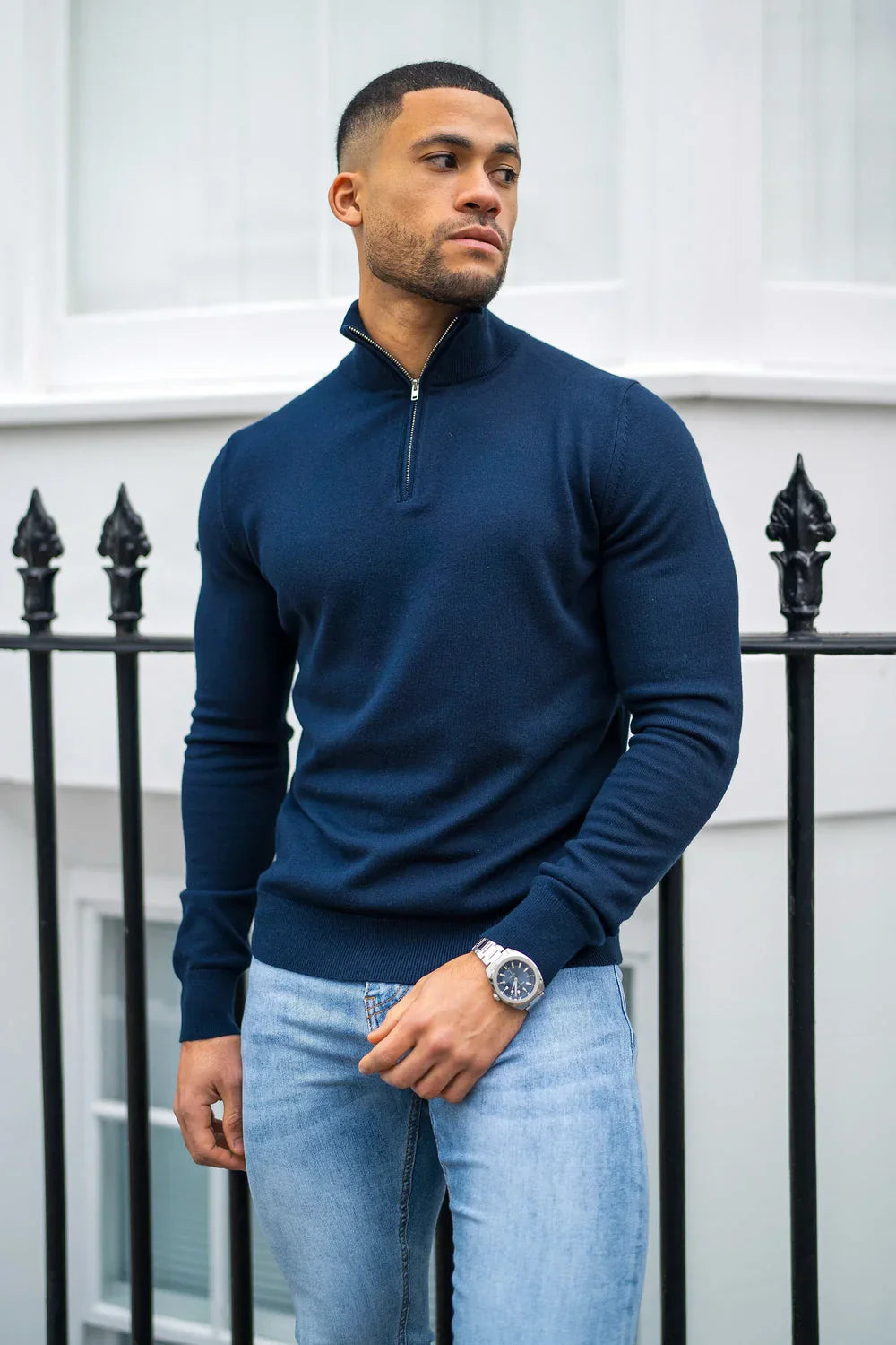 mens navy zip neck jumper