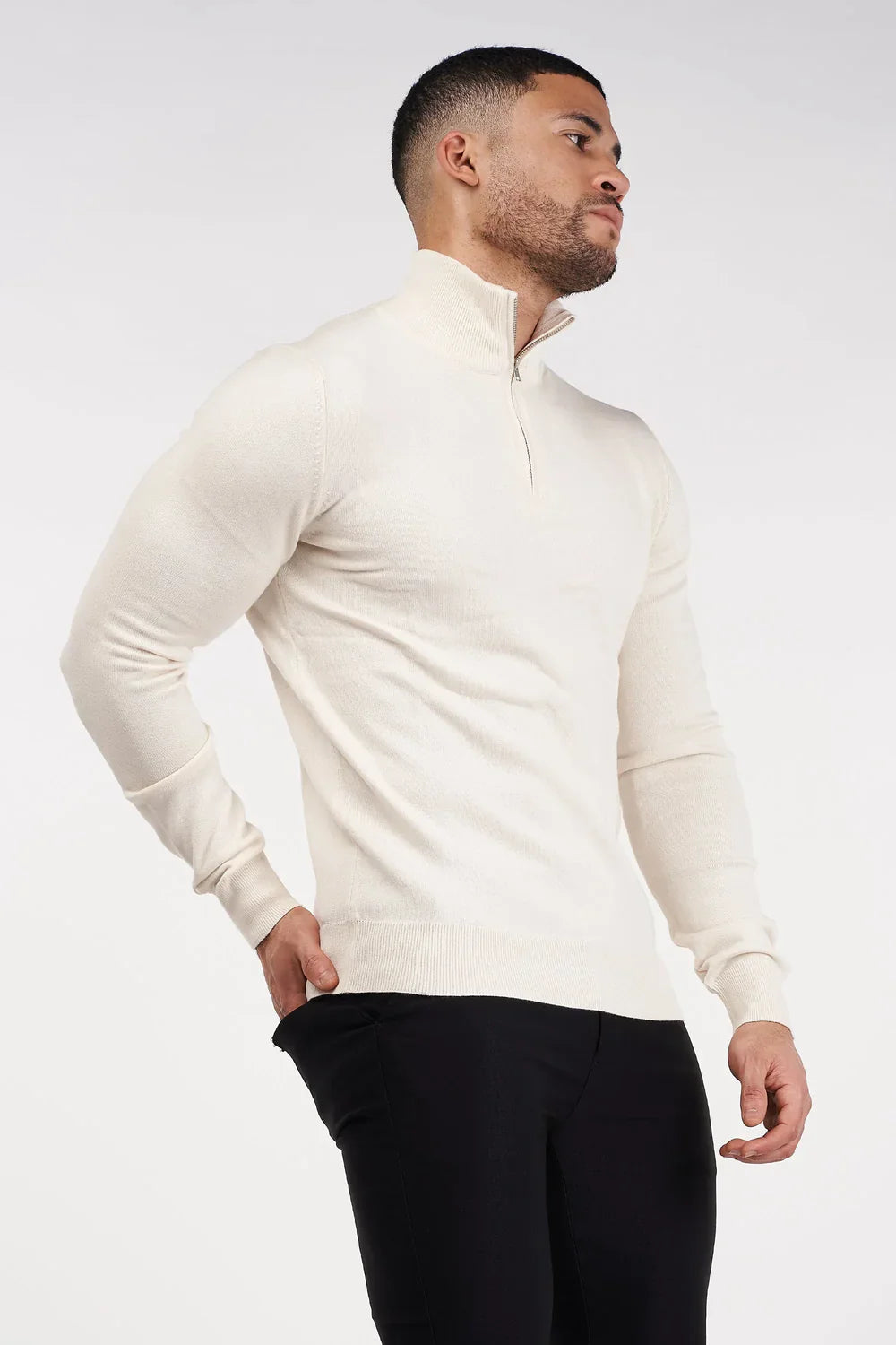 Men's Cream Merino Zip Neck Jumper