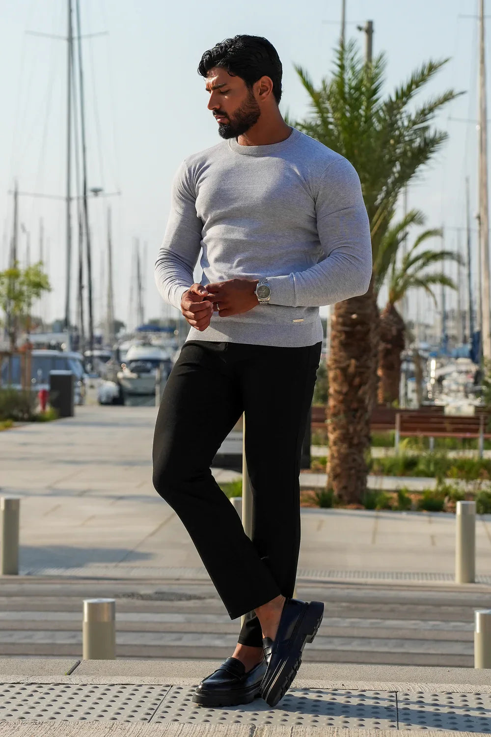 Men's Grey Crew Neck Knit Sweater