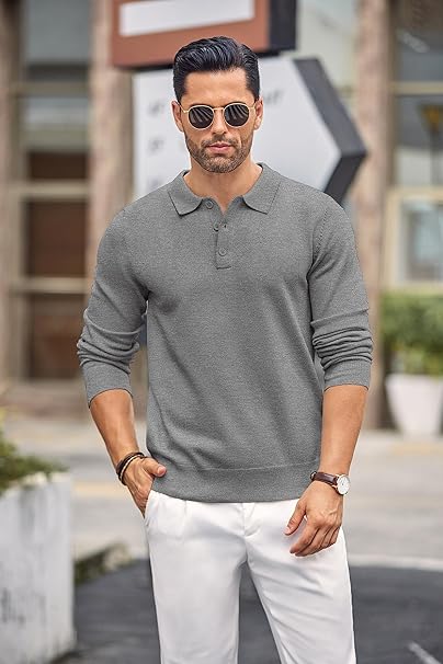 Mens Grey Long Sleeve Polo Jumper - Urban Londonn Ltd