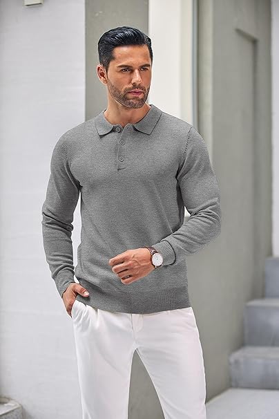 Mens Grey Long Sleeve Polo Jumper - Urban Londonn Ltd Main image