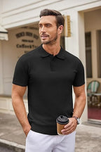 Men's Muscle Fit Knitted Polo T-Shirt In Black - Urban Londonn Ltd
