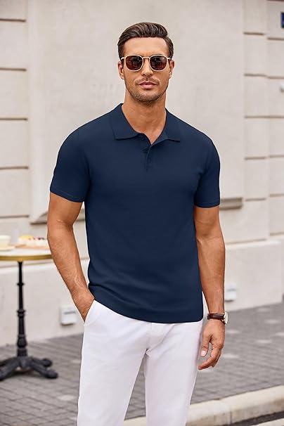 Men's Muscle Fit Knitted Polo T-Shirt In Navy - Urban Londonn Ltd