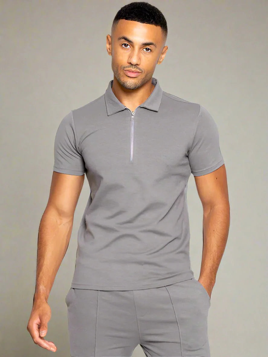 Men's Zip Neck Polo T-Shirt In Grey - Urban Londonn Ltd Main image