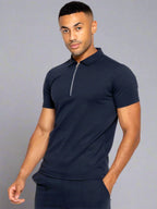 Men's Zip Neck Polo T-Shirt In Navy - Urban Londonn Ltd