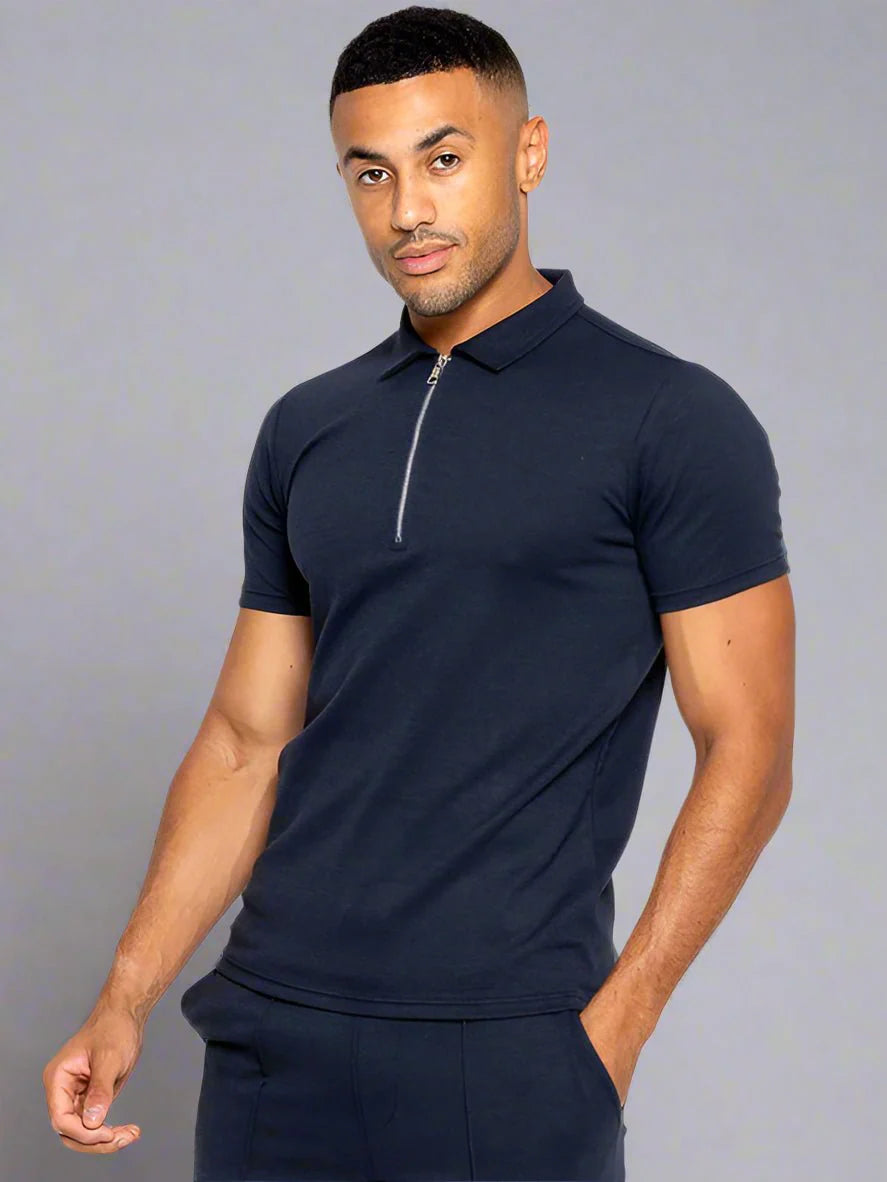 Men's Zip Neck Polo T-Shirt In Navy - Urban Londonn Ltd Main image