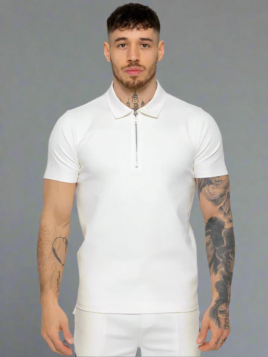 Men's Zip Neck Polo T-Shirt In white - Urban Londonn Ltd Main image